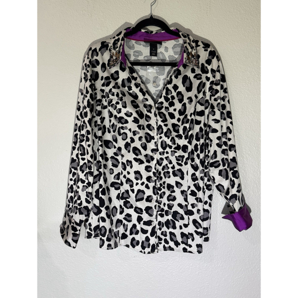 Lane Bryant Tops - LANE BRYANT Leopard Print Blouse 22 Embellished Collar Button Front Purple Cuffs